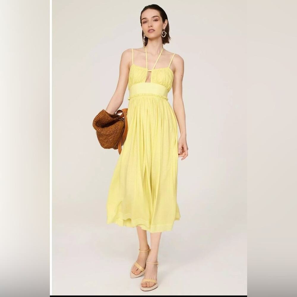 Ulla Johnson Freya Yellow Keyhole Tie Neck Sleeveless Midi Dress Size 6 Cotton